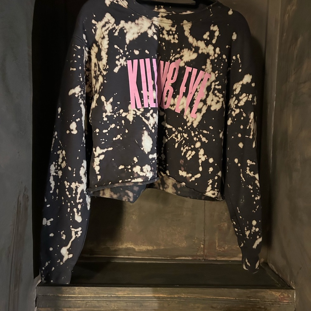 Black and White Splatter Sweatshirt with Pink Graphic